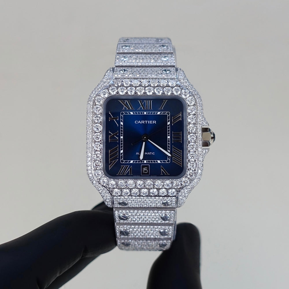 Diamond Cartier Santos 40mm - Stainless Steel - Blue Dial